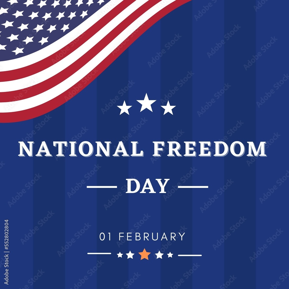 National freedom day instagram Flyer, Poster, banners. February 1st. waving Us flag on blue background.