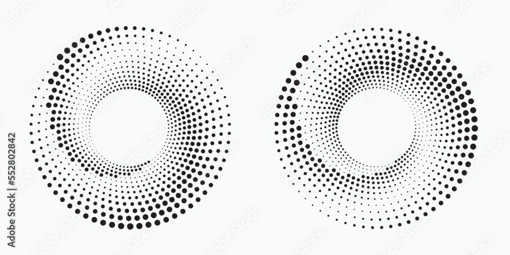 Circle halftone spiral backdrop set. Dotted abstract concentric circle. spiral, swirl, twirl element. Circular and radial dots helix. Design element for multipurpose use.	