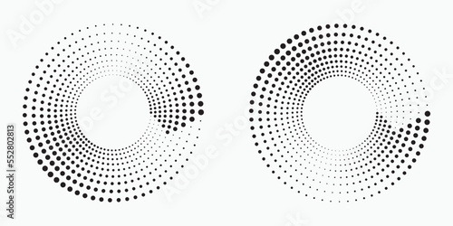 Circle halftone spiral backdrop set. Dotted abstract concentric circle. spiral  swirl  twirl element. Circular and radial dots helix. Design element for multipurpose use. 