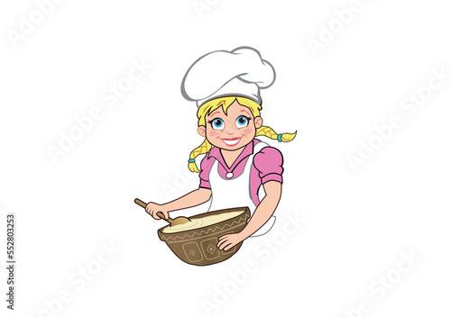 Bakery girl wearing a cooking apron and mixing dough that's in the bowl