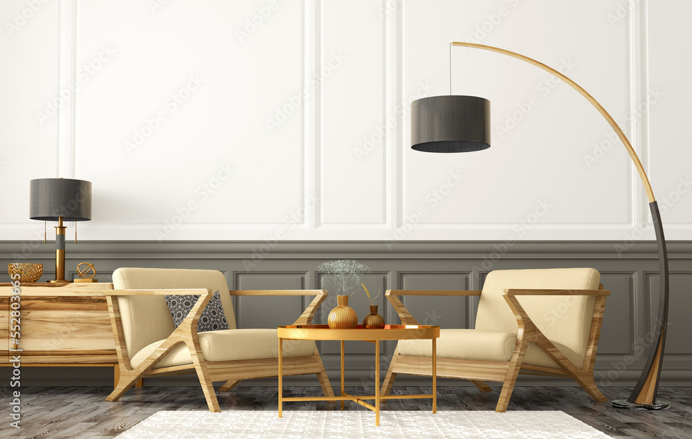 Modern living room interior design with leather armchairs, coffee table ...