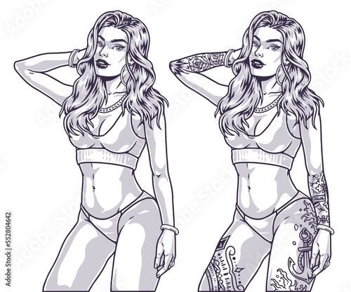 Hot beauty girl emblem monochrome