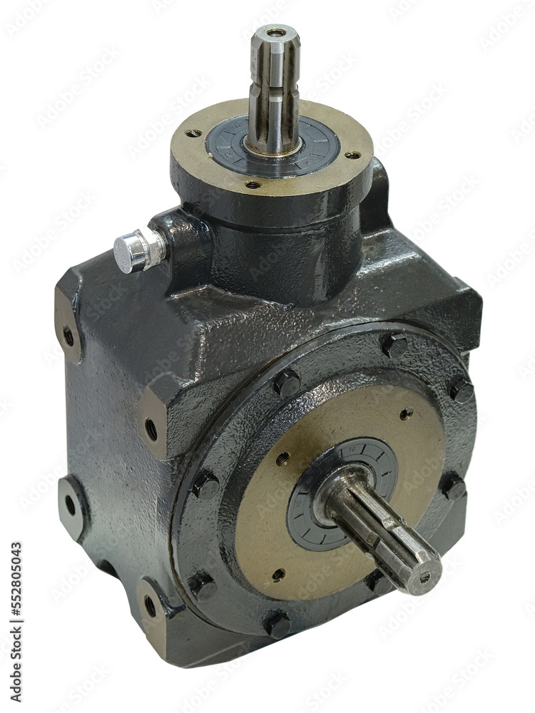 Closeup of a large industrial unit pump or gearbox.