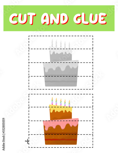 Cut and glue cake. Educational children game, printable worksheet.Puzzles with food.