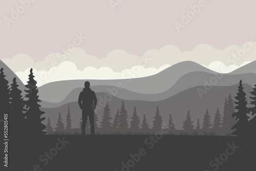 lonely man at mountain and forest landscape illustration