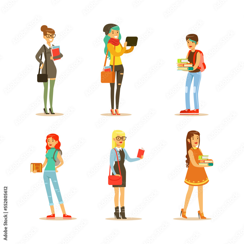 University and College Woman Students in Casual Wear Standing with Books and Bags Vector Set