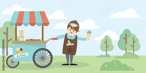 Happy man street seller dressed in an apron with ice cream and the cart at public park. Small business and fast food concept.