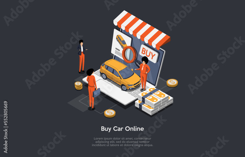 Concept Of Car Dealership. Female Character Is Thinking Of Buying A Car Online. Salesman Offering New And Used Cars For Buy And Rent For Good Price In Application. Isometric 3d Vector Illustration