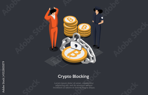 Cryptocurrency Legislation, Legal Regulation Of Digital Currency, Law On Blockchain, CBDC, Cryptocurrency Blocking Concept. Banning Crypto In Some Countries. Isometric 3D Cartoon Vector Illustration