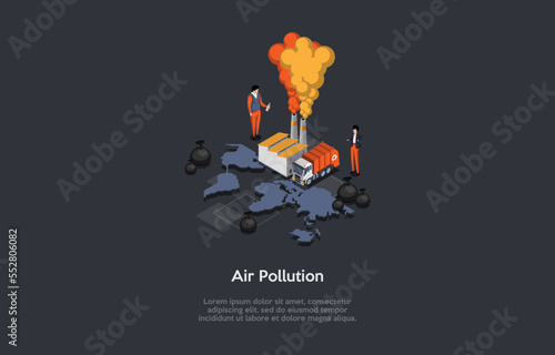 Concept Of Waste Recycling And Incineration Process. Characters Collecting Trash And Incinerate Waste At Plant. Emission of Harmful Substances Into the Atmosphere. Isometric 3d Vector Illustration