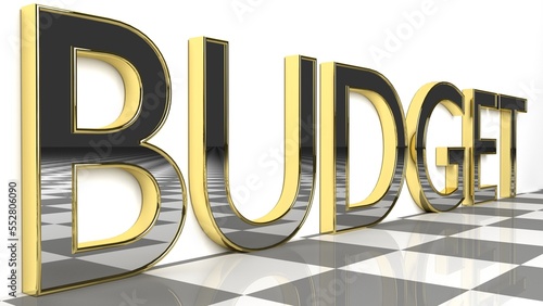 Budget word in glossy gold letters on a white background and a checkerboard pattern floor 3d Rendering - Illustration