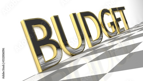 Budget word in glossy gold letters on a white background and a checkerboard pattern floor 3d Rendering - Illustration