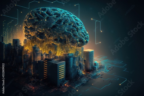 Digital illustration about brain and smart city.