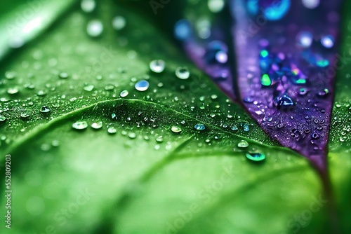 drops of water on the background of green leaves. Cover or banner template. Place for text