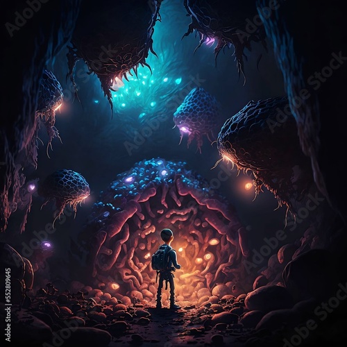 Lonely traveler boy in underworld with aliens digital art
