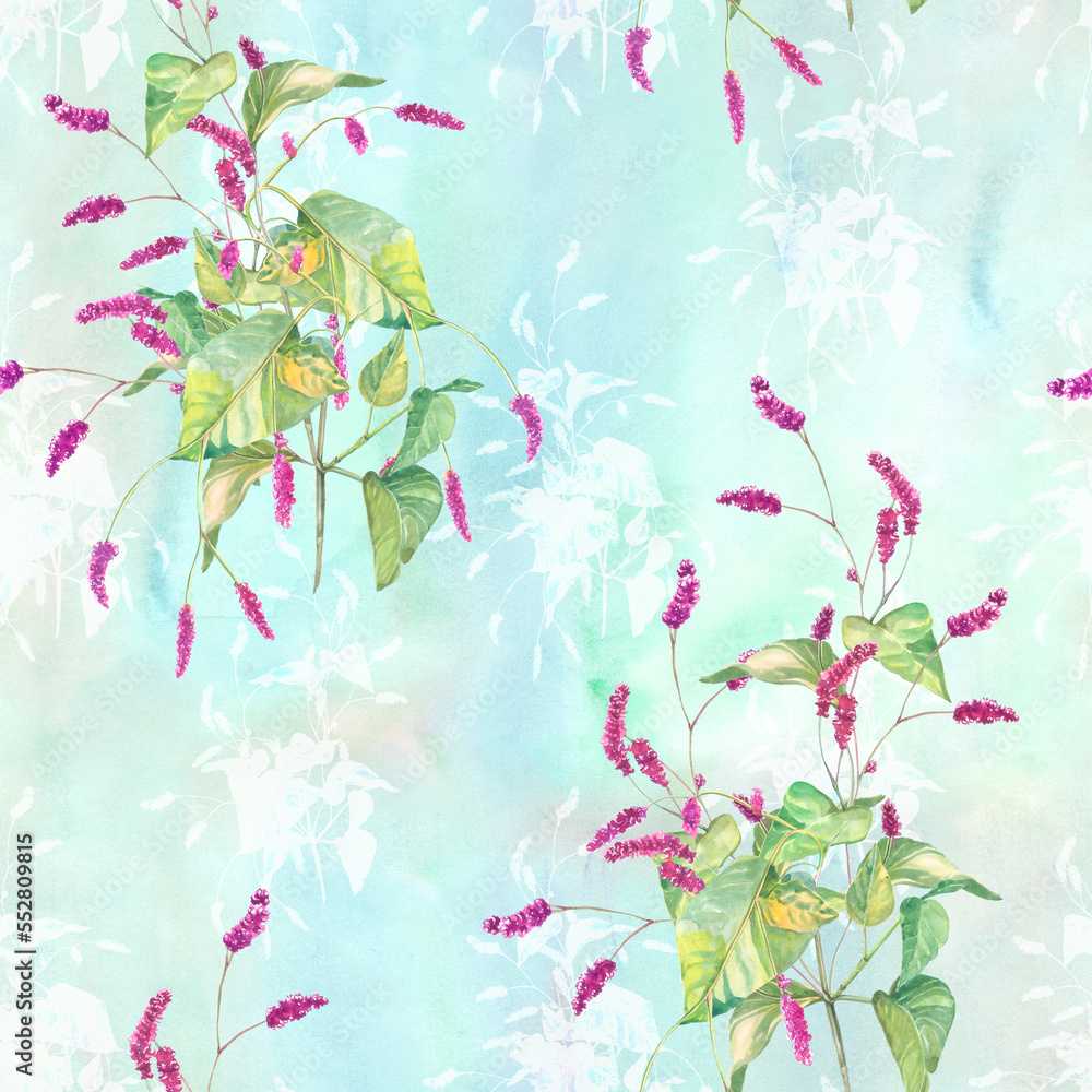Watercolor flowers of amaranths flowers. Seamless pattern, applicable for the design of fabric, textiles, wallpapers, covers, packaging