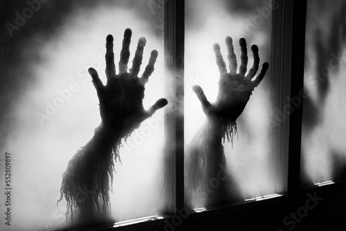 Spooky arms and many fingered hands of a zombie monster in silhouette against a dirty glass window backlit. Halloween. Generative AI photo