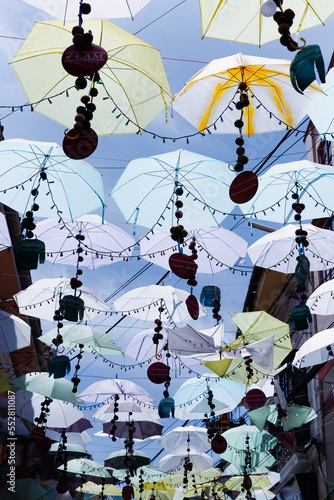 Vertical low angle view of decorative umbrellas hanging over Jose M. Linares street, La Paz, Bolivia
