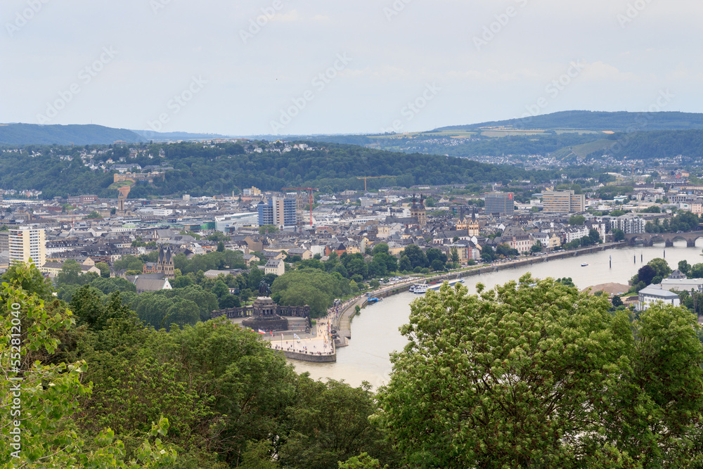 Panorama View of Koblenz with Deutsches Eck (German Corner) between Rhine and Moselle river and Emperor William monument statue, Germany