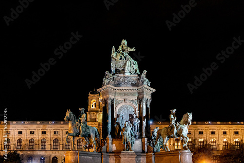 Maria Theresa Square in Vienna at night..Detail of the statue of the square of the museum of natural sciences and art history in Vienna.