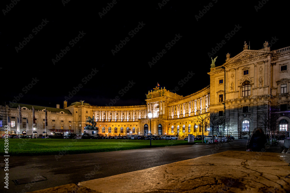 Hofburg in Vienna at night. Viennese Imperial Palace in Austria during the Christmas season.