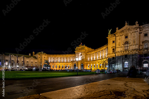 Hofburg in Vienna at night. Viennese Imperial Palace in Austria during the Christmas season.