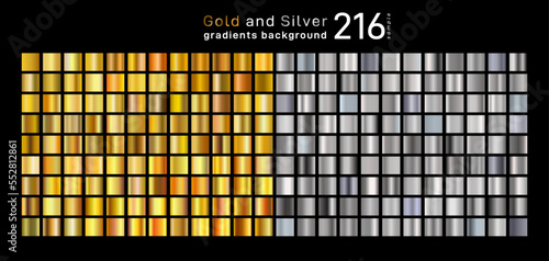 Big set of gradients, consisting of collection 108 gold and 108 silver glossy squares. Icon texture metallic for ribbon, frame, coin, label. 216 Vector backgrounds. Elegant light and glitter pattern.