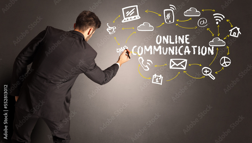 businessman drawing social media icons businessman drawing social media icons