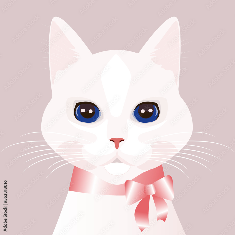Vector cute white cat with a pink bow. Beautiful kitty.