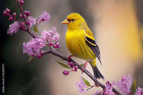 Photo of a yellow finch sitting on a branch