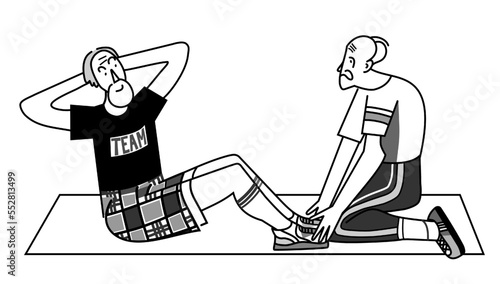 Two elderly men exercising, one doing abs exercises, another assisting with holding feet. Black and white linear vector illustration. Healthy body. Exercising senior concept. Health care in elderly