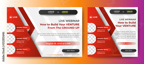 Business Conference live webinar banner invitation and social media post template. Red and white. Business webinar invitation design. Vector 
