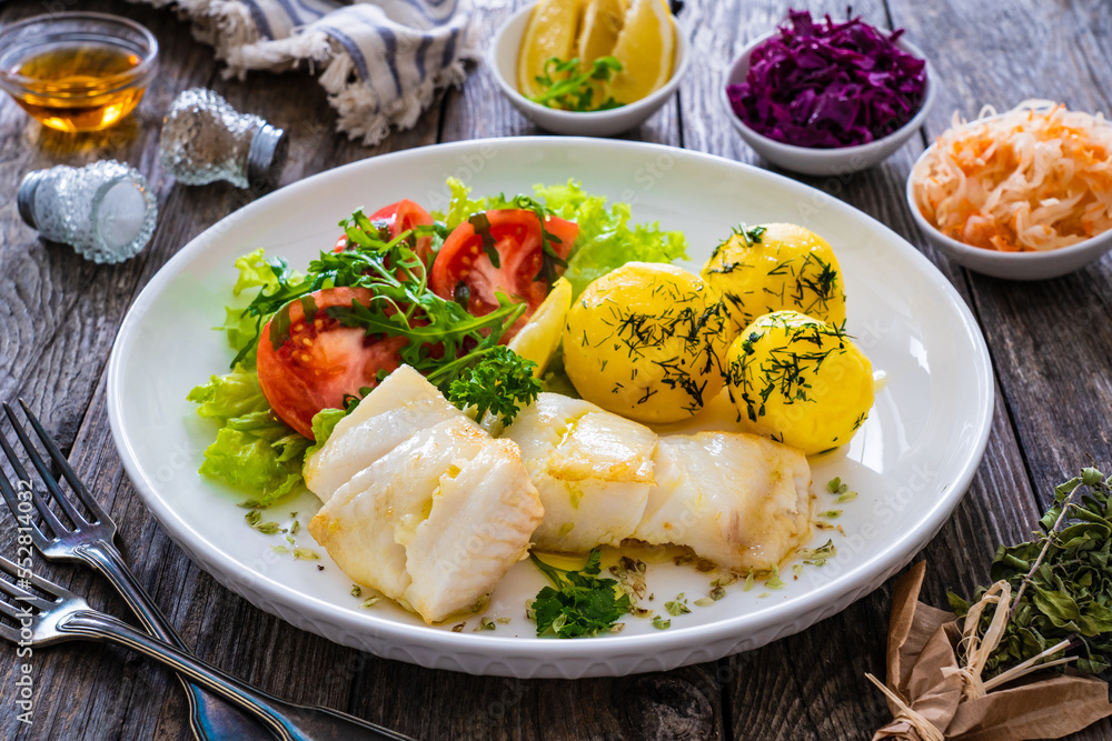 Fish dish - fried halibut with boiled potatoes and fresh vegetables on wooden table
Fish dish - fried halibut with boiled potatoes and fresh vegetables on wooden table