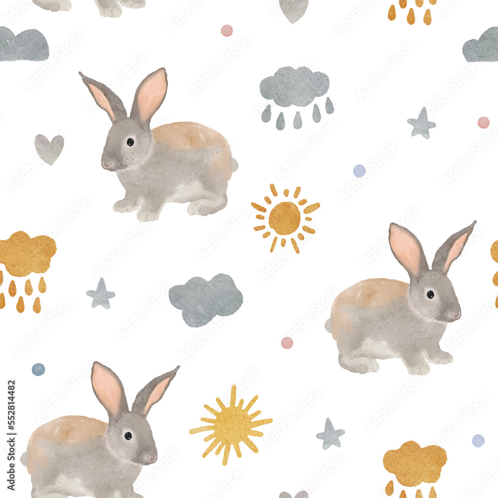 Fototapeta premium Cute seamless pattern with watercolor rabbit or bunny. Easter bunnies, sun, clouds, stars and dots.
