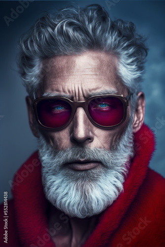 Fashion photography of a very cool and trendy fictional Santa Claus wearing haute couture outfit - Christmas fashion. Generative AI