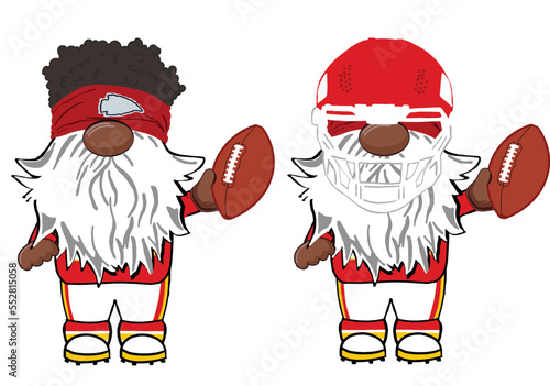 Set of 2 cute hand drawn vector illustrations of Patrick Magnomes a cartoon character football player gnome on an isolated white background.