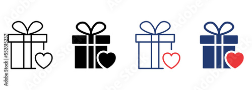 Gift Box with Ribbon Bow and Heart Icon Set. Giftbox in Donation and Charity Concept Pictogram. Surprise Box for Holiday Icon. Editable Stroke. Isolated Vector Illustration