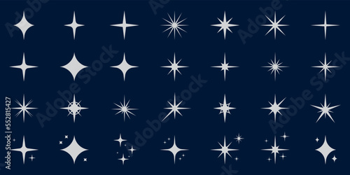 Sparkle Silver Star Silhouette Icon Set. Glow Spark Flash Stars Pictogram Collection. Shine Burst Magic Decoration Symbol. Glistering Effect Light. Twinkle Flare. Isolated Vector Illustration