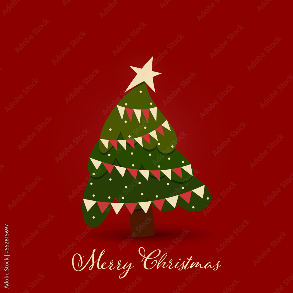 Festive christmas greeting card Christmas tree on red background. Pine tree Traditional festive symbol of the winter holiday Vector illustration Festive christmas greeting card Christmas tree on red background. Pine tree Traditional festive symbol of the winter holiday Vector illustration