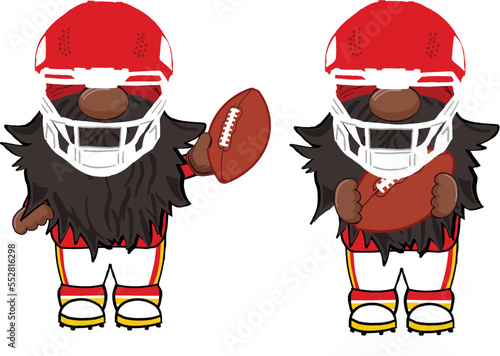 Pair of cute Patrick Magnomes hand drawn vector illustrations of a gnome quarterback sports player holding a football with a helmet on an isolated white background.