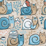 Funny cartoon cat snail postman. Raster seamless pattern design illustration.