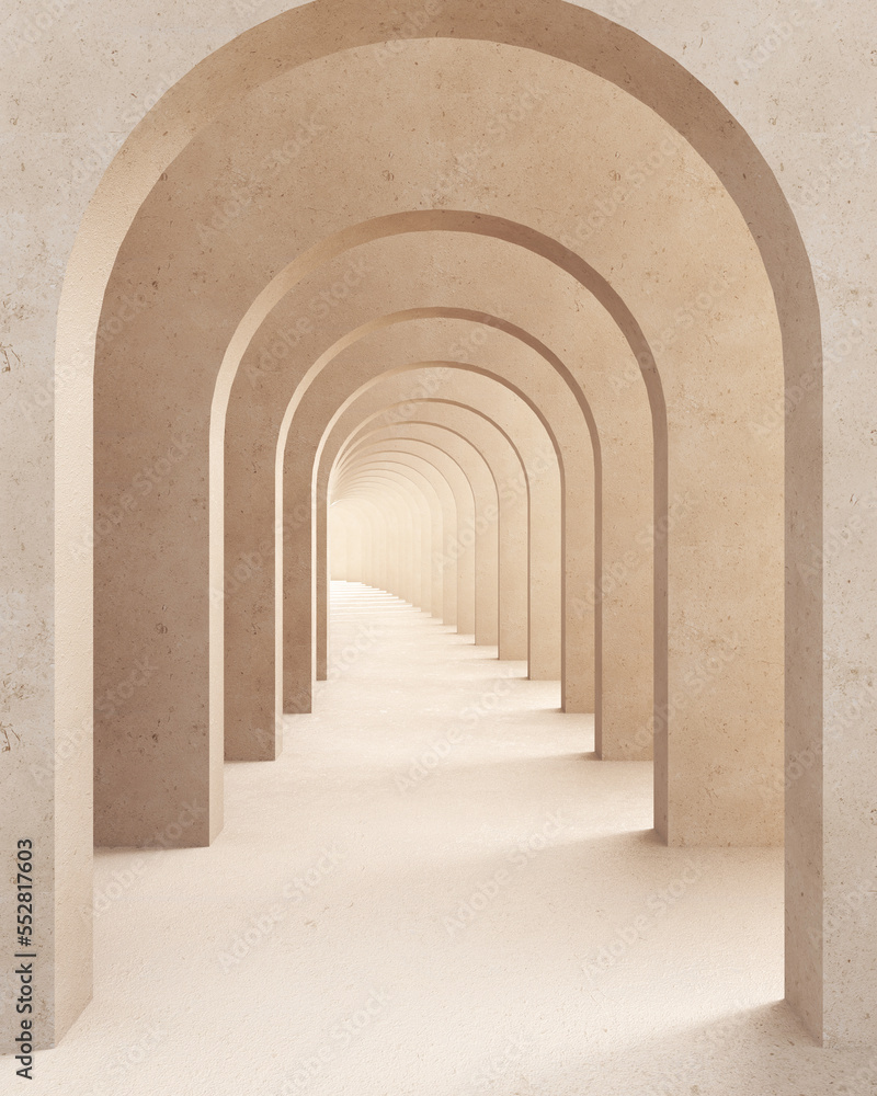 Classic metaphysics surreal interior design, imaginary fictional architecture. Archway with beige marble walls. Move forward, opportunities, business, future concept