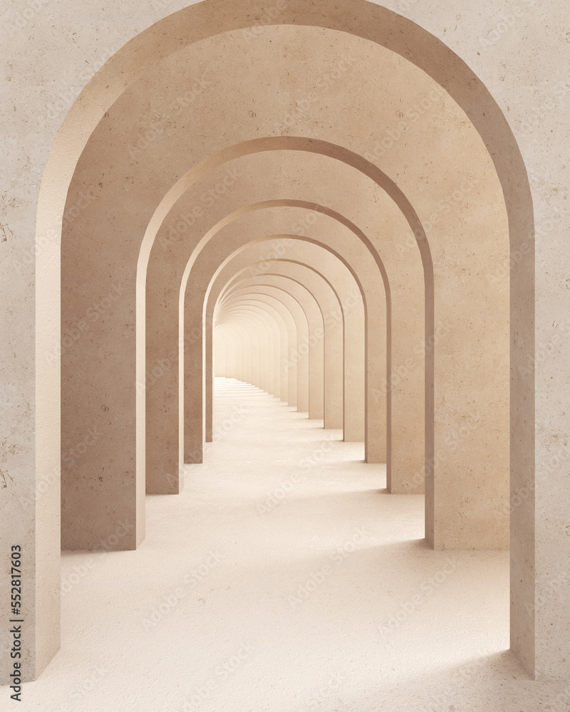 Naklejka premium Classic metaphysics surreal interior design, imaginary fictional architecture. Archway with beige marble walls. Move forward, opportunities, business, future concept