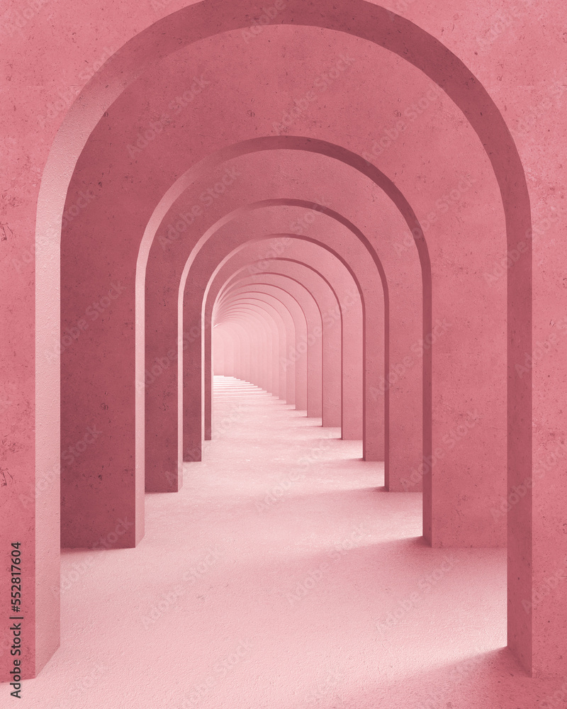 Classic metaphysics surreal interior design, imaginary fictional architecture. Archway with red marble walls. Move forward, opportunities, business, future concept