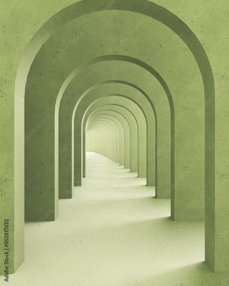 Classic metaphysics surreal interior design, imaginary fictional architecture. Archway with green marble walls. Move forward, opportunities, business, future concept
