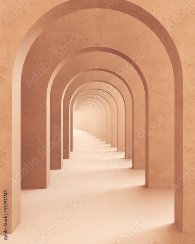 Classic metaphysics surreal interior design, imaginary fictional architecture. Archway with orange marble walls. Move forward, opportunities, business, future concept