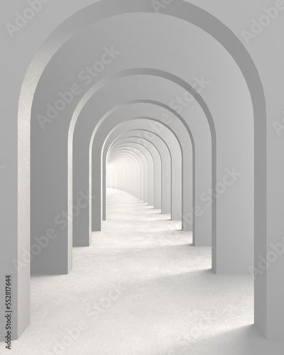 Classic metaphysics surreal interior design, imaginary fictional architecture. Archway with white walls. Move forward, opportunities, business, future concept