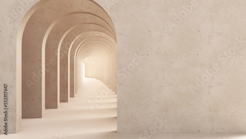 Classic metaphysics surreal interior design, imaginary fictional architecture. Archway with beige marble walls. Move forward, opportunities, future concept with copy space