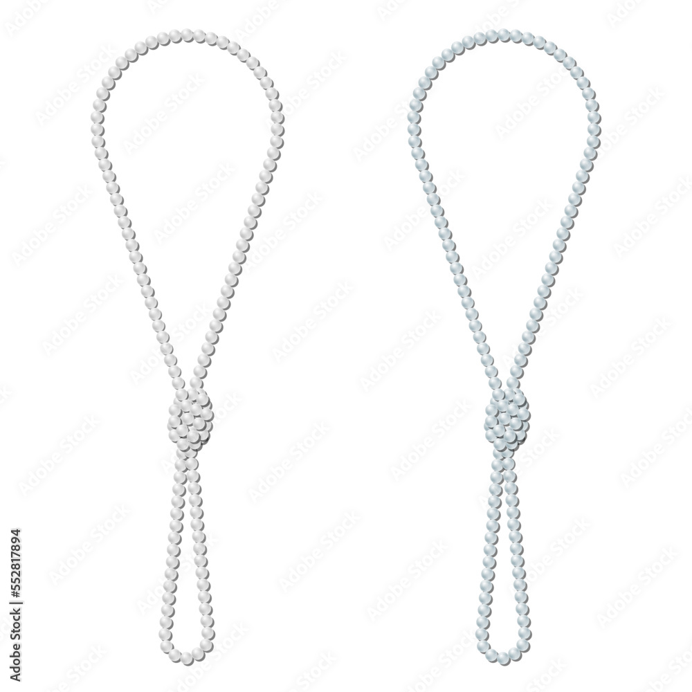 Long pearl necklace of white and light blue beads with realistic reflection and shadow. Knotted thread in retro style. Isolated vector element for jewellery design, gift for women, femininity symbol. Long pearl necklace of white and light blue beads with realistic reflection and shadow. Knotted thread in retro style. Isolated vector element for jewellery design, gift for women, femininity symbol.