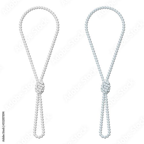 Long pearl necklace of white and light blue beads with realistic reflection and shadow. Knotted thread in retro style. Isolated vector element for jewellery design, gift for women, femininity symbol.